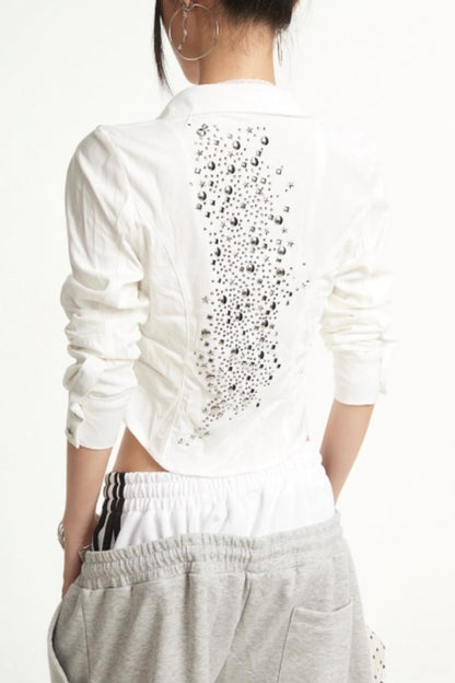Apricot Rhinestone Pleated Shirt