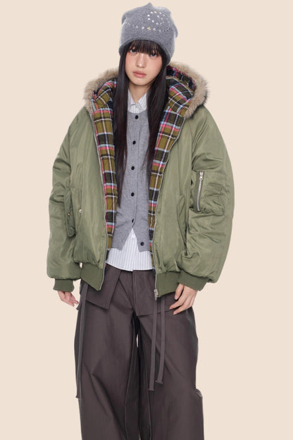 Fur Collar Plaid Parka Jacket