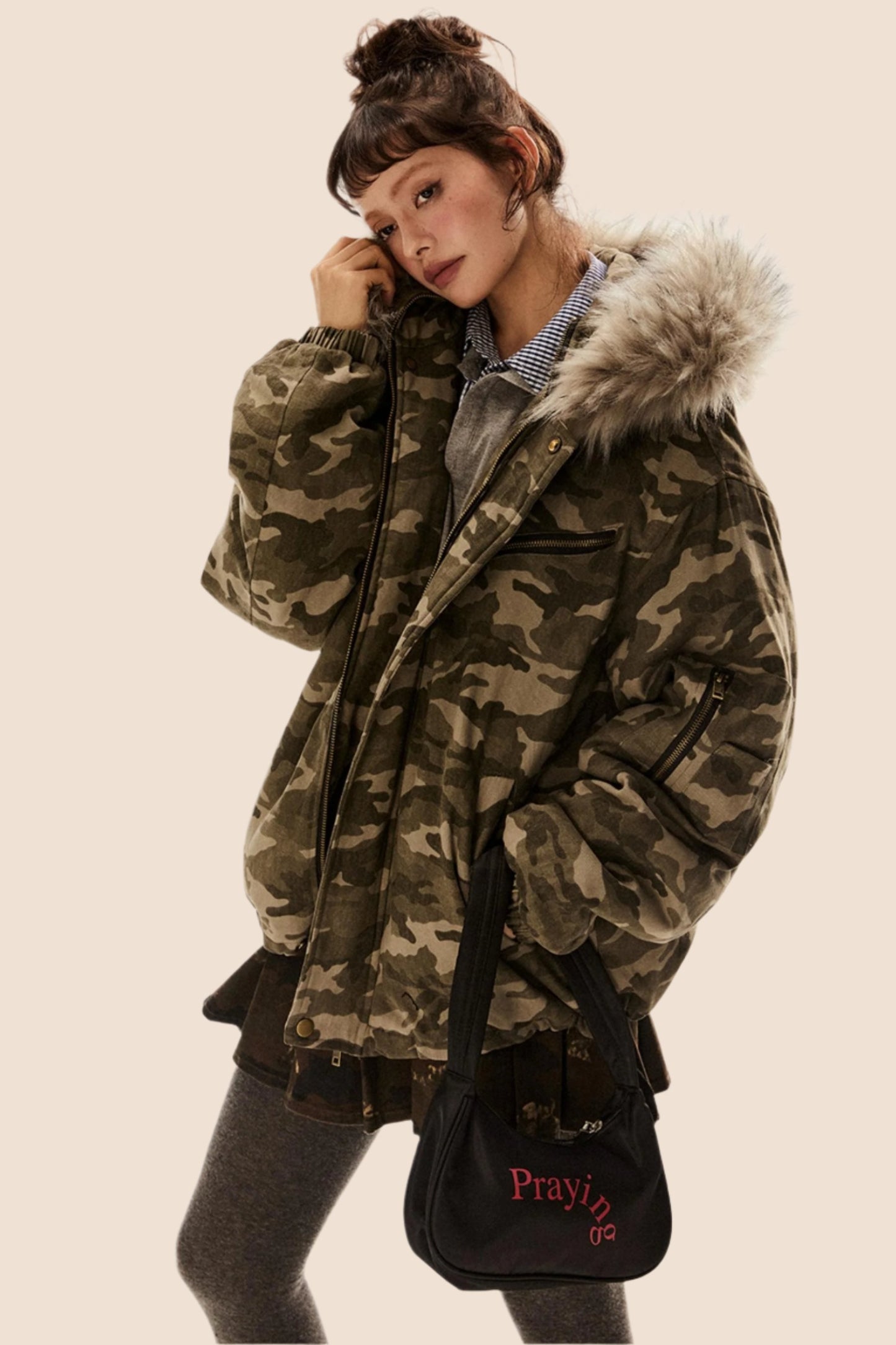 EZEK American Retro Army Green Camouflage Pelzkragen Kapuzenjacke Thickened Cotton Jacket Women's Winter New Jacket Cotton Jacket