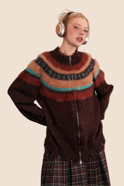 EZEK's stimmungsvoller amerikanischer Retro-Lazy-Stil Nähte kontrastierende Pullover Damen Frühjahr und Herbst Reißverschluss Strickjacke Jacke