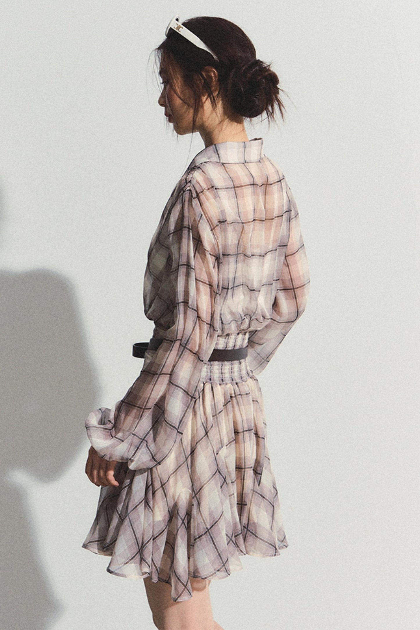 Recoin Sheer Plaid Ruffle A-Line Dress