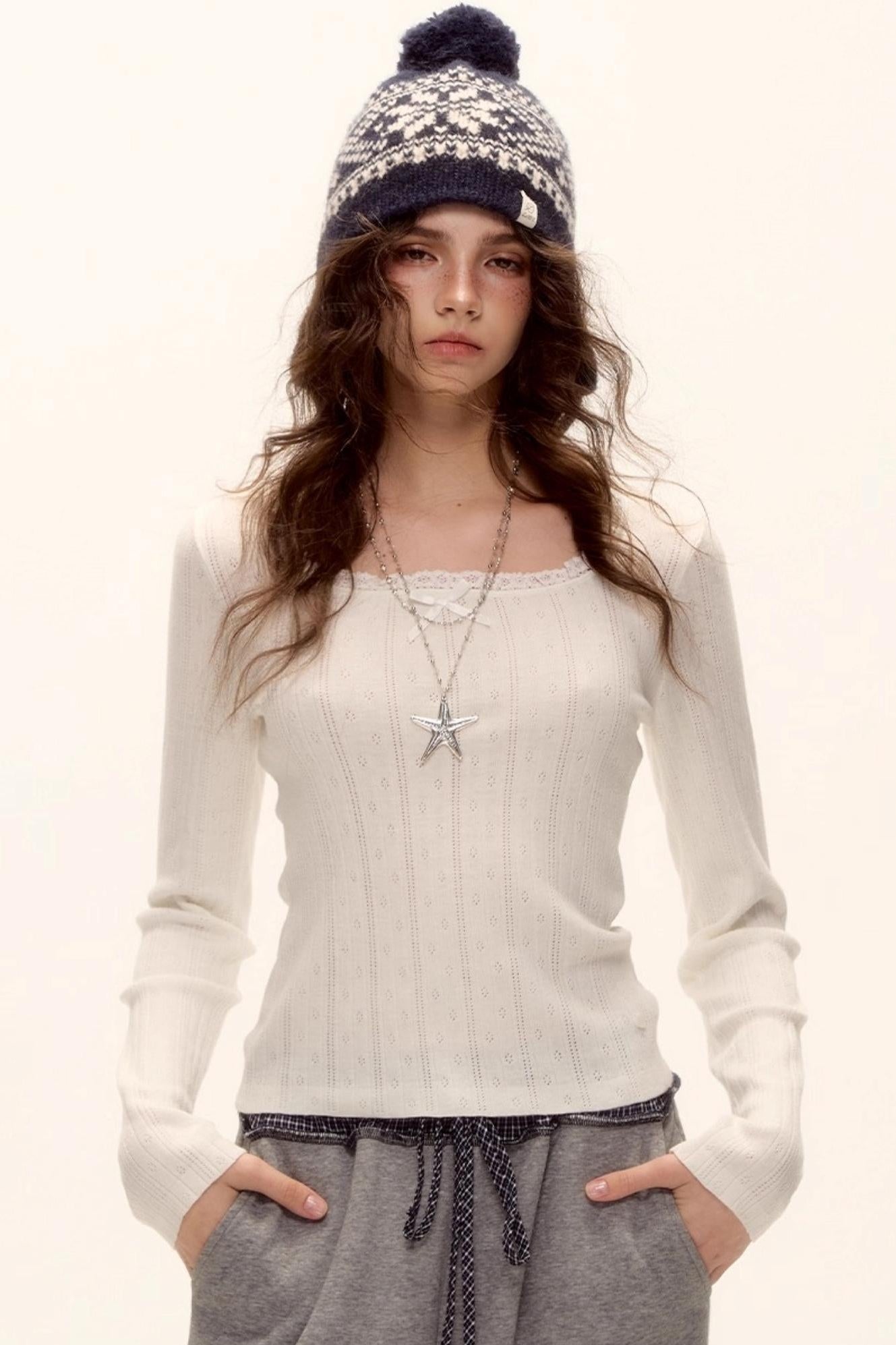 Lace-Trimmed Bow Hollow Knit Top