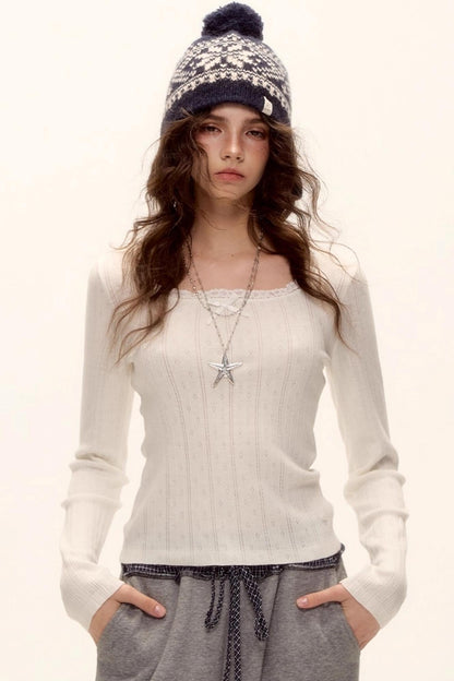 Lace-Trimmed Bow Hollow Knit Top