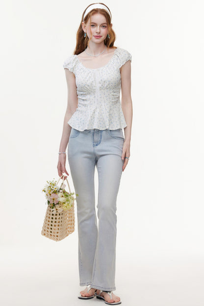 Floral Knit Bubble Sleeve Blouse