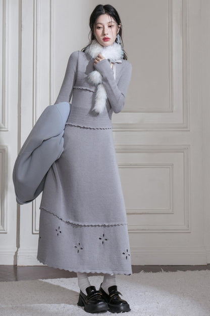 Cream Gray Lace Wool Dress