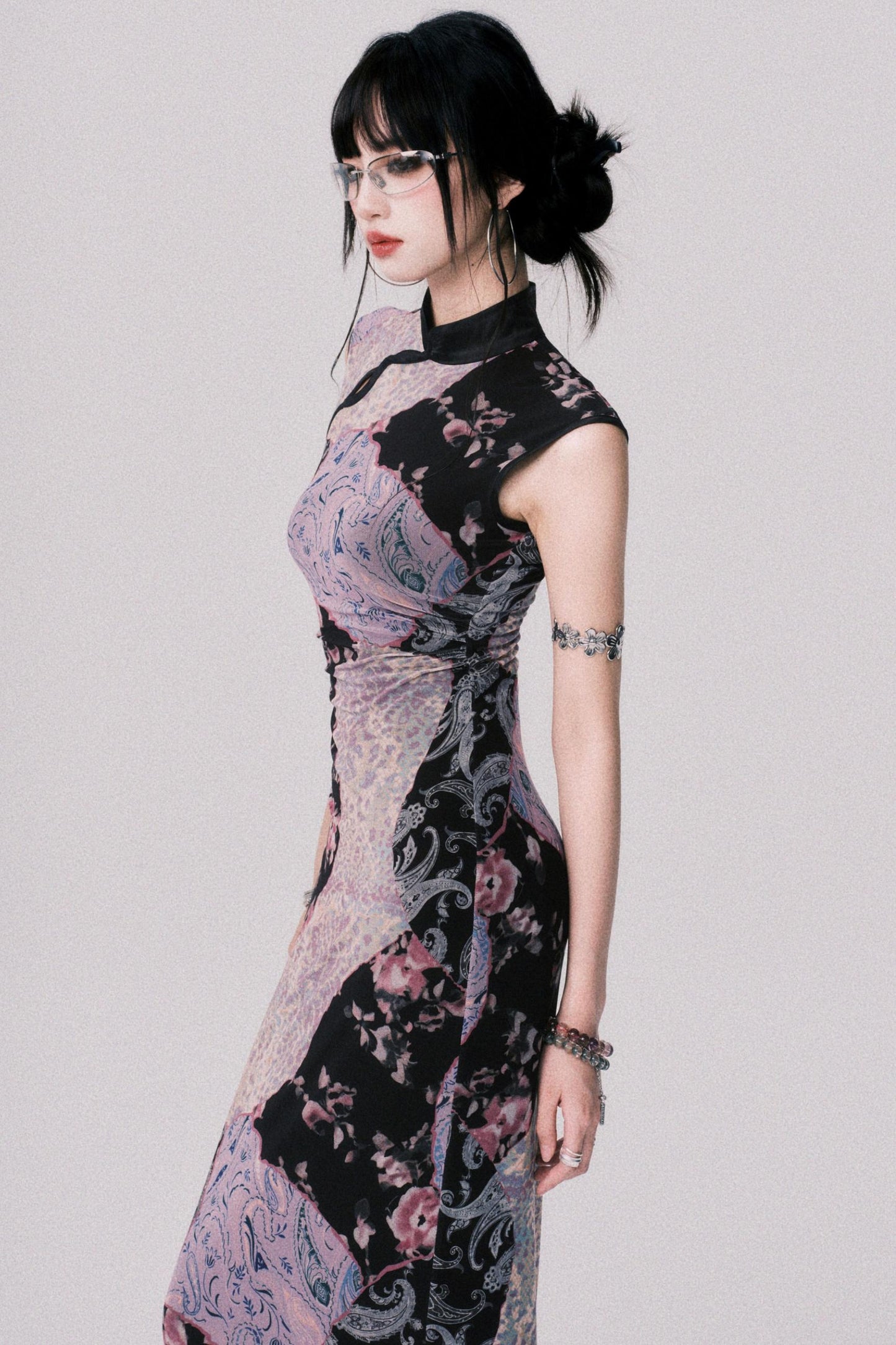 Smokey Purple Color-Block Cheongsam Dress