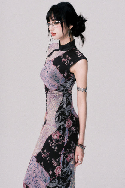 Smokey Purple Color-Block Cheongsam Dress