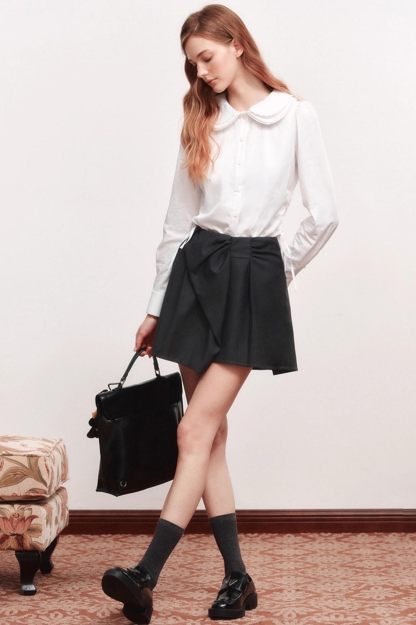 Bow Waistless Wool Blend A-Line Skirt