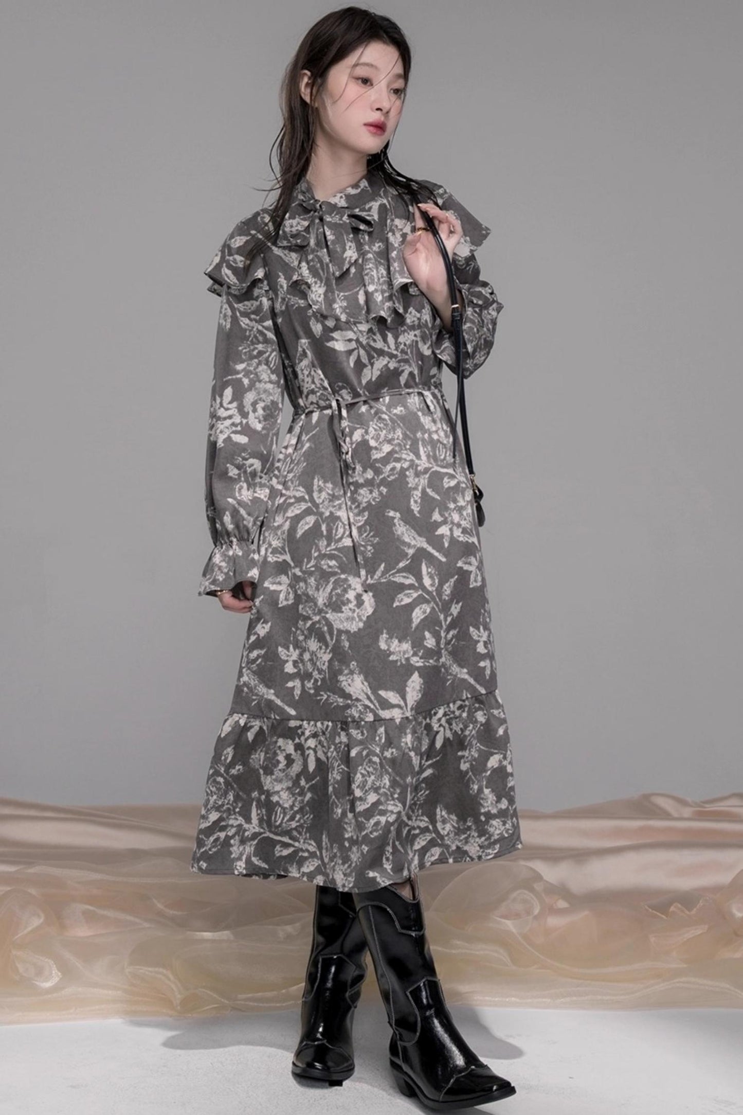 Lace-Up Shawl Collar Dress