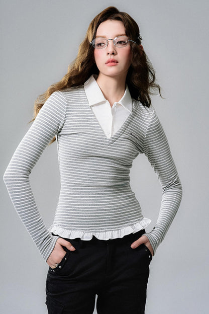 Lace Hem Striped Long Sleeve Knit Tee