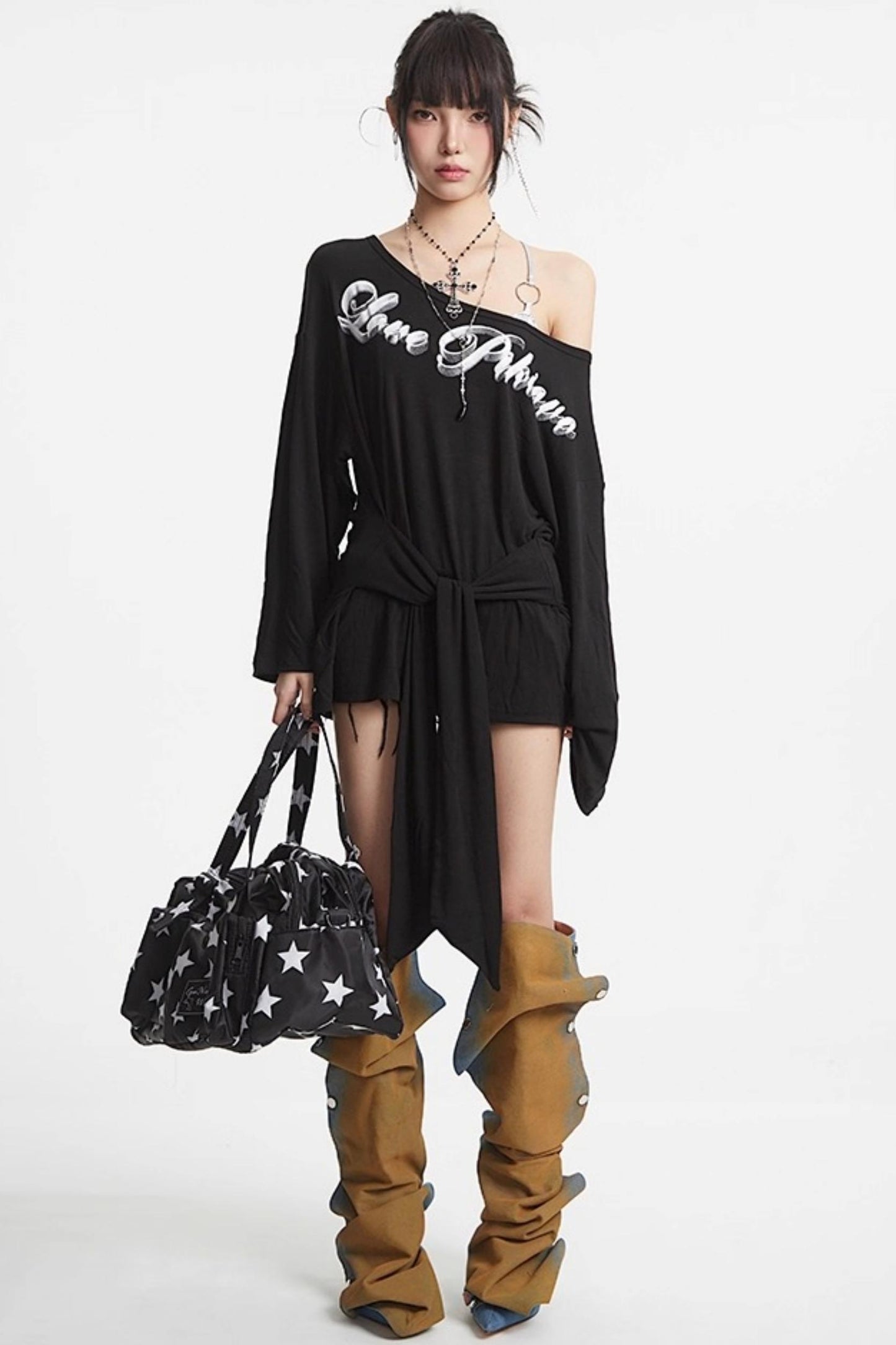 Shoulder Black White Long Sleeve Top