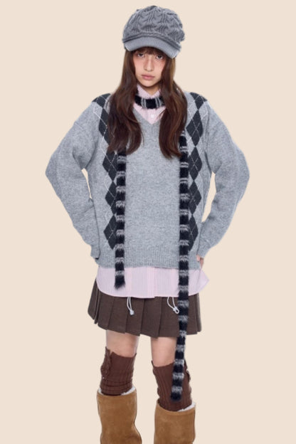 Ribbed V-Neck Knit Sweater