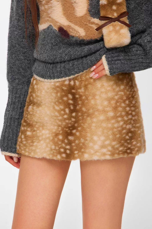 Deer Pattern Faux Fur Skirt