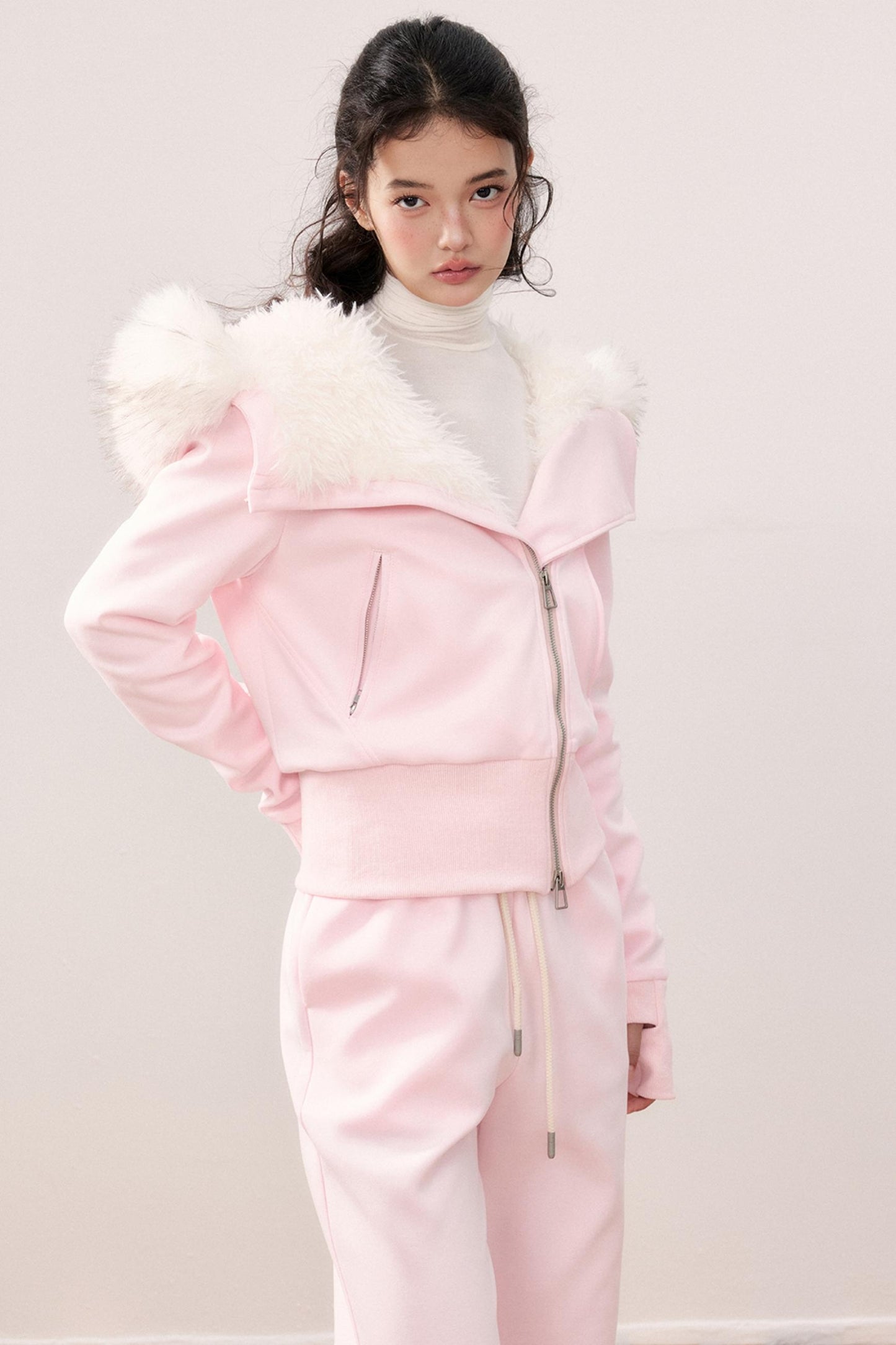 Lapel Fur Collar Fleece Jacket & Pants Set-Up