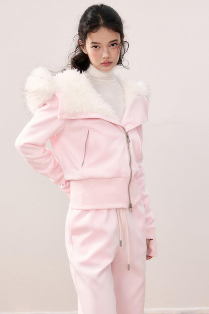 Lapel Fur Collar Fleece Jacket & Pants Set-Up