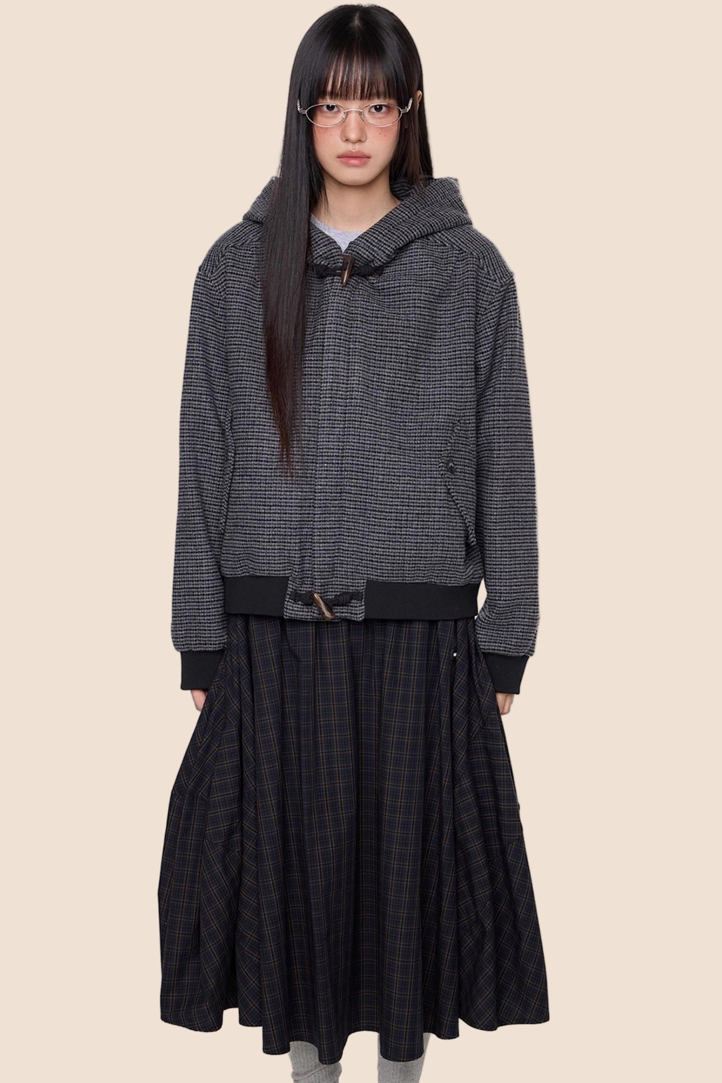 Autumn Vintage Plaid Knit Hooded Jacket