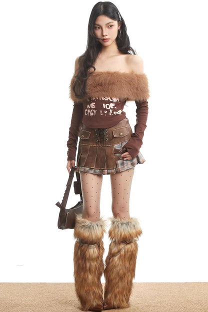 Retro Fur Collar Off-Shoulder Top
