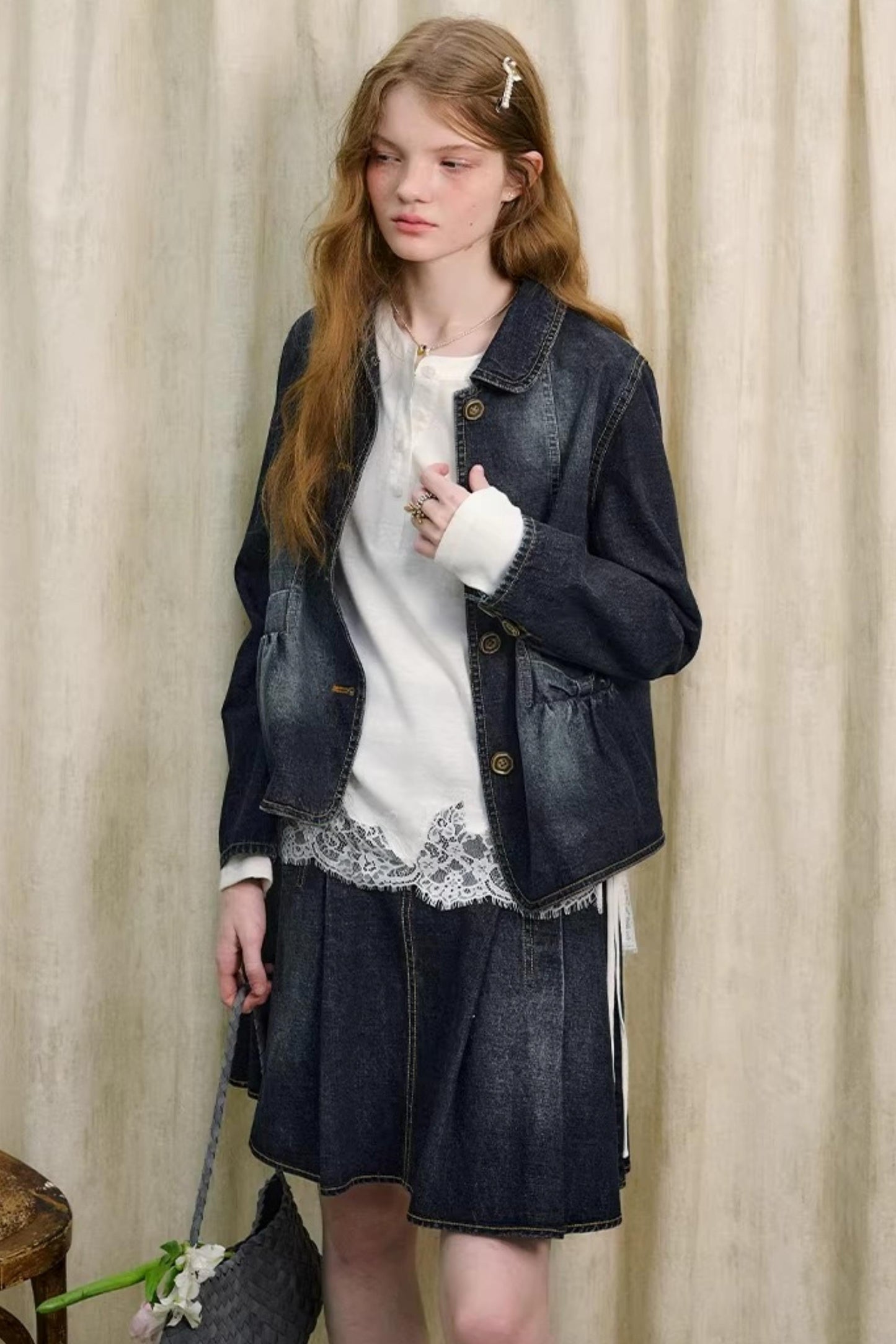 College-Style Denim Jacket Set