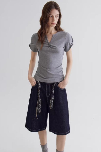 Gray V-Neck Waist-Cinching Top