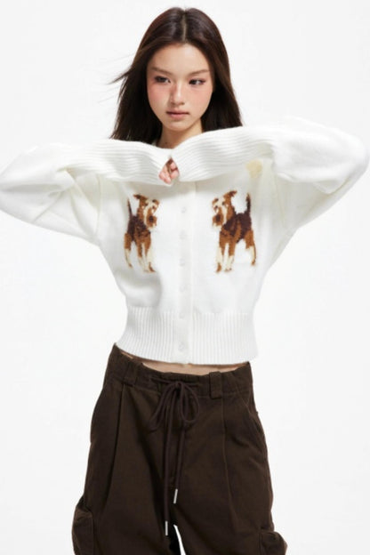 Puppy Jacquard Cropped Cardigan