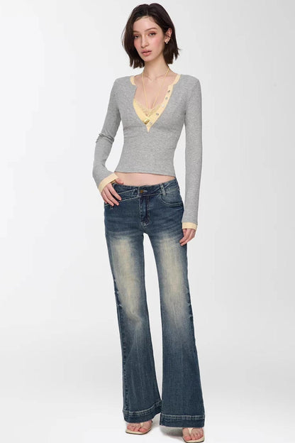 Color-Blocked Deep V-Neck Top Set-Up