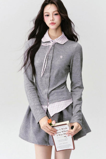 Preppy Blue Stripe Long Sleeves Shirt Set-Up