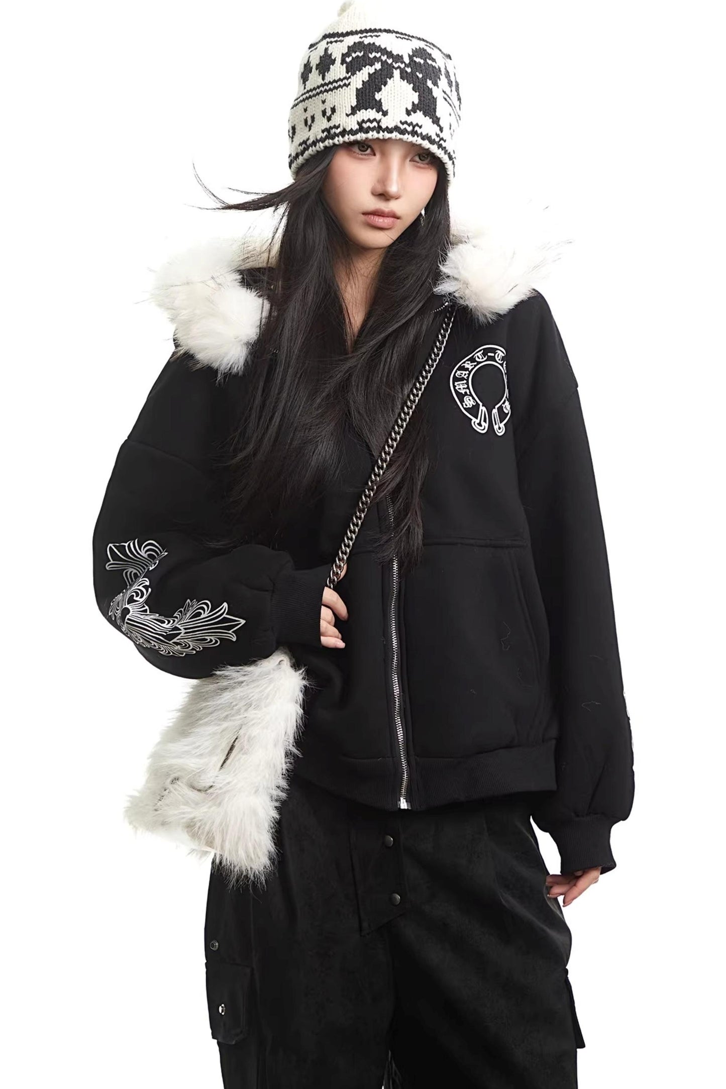 Printed Fur Collar Hooded Jacket