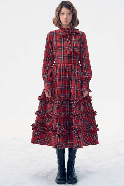 Retro Red Plaid Ruffle Dress