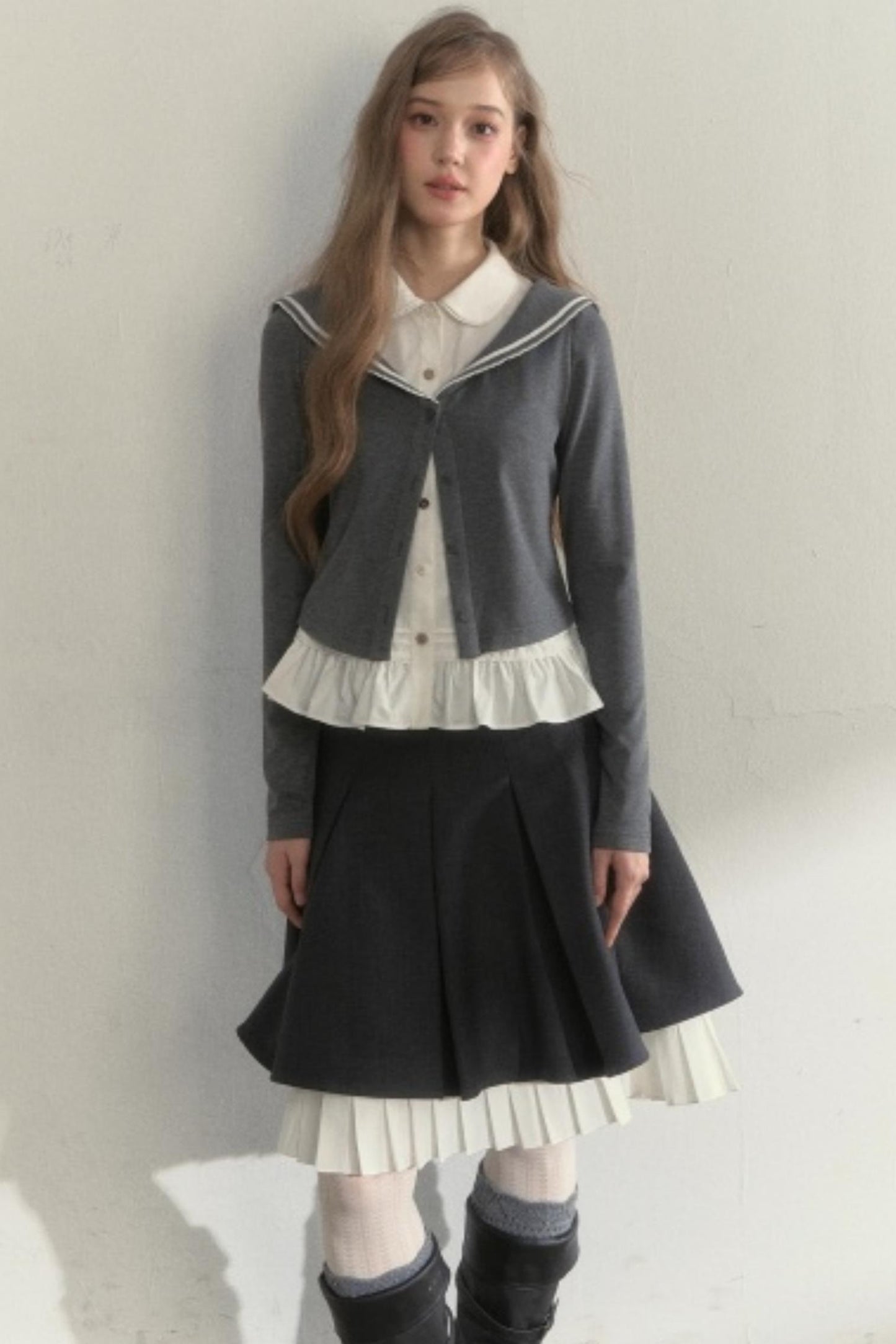 College Navy Collar Top & Skirt Set-Up