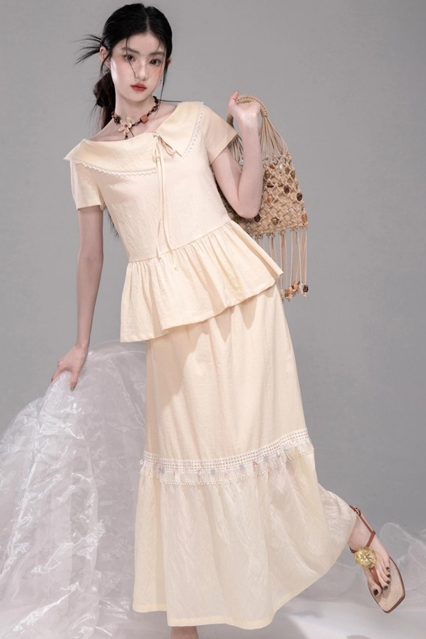 Soft Apricot Wave Layered Skirt Set