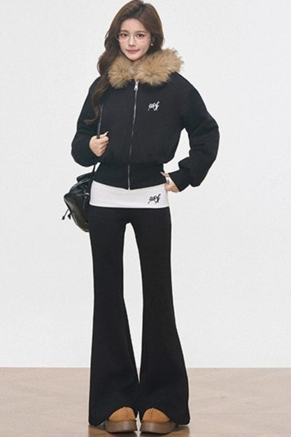 Fur Collar Sweatshirt Jacket Set-Up