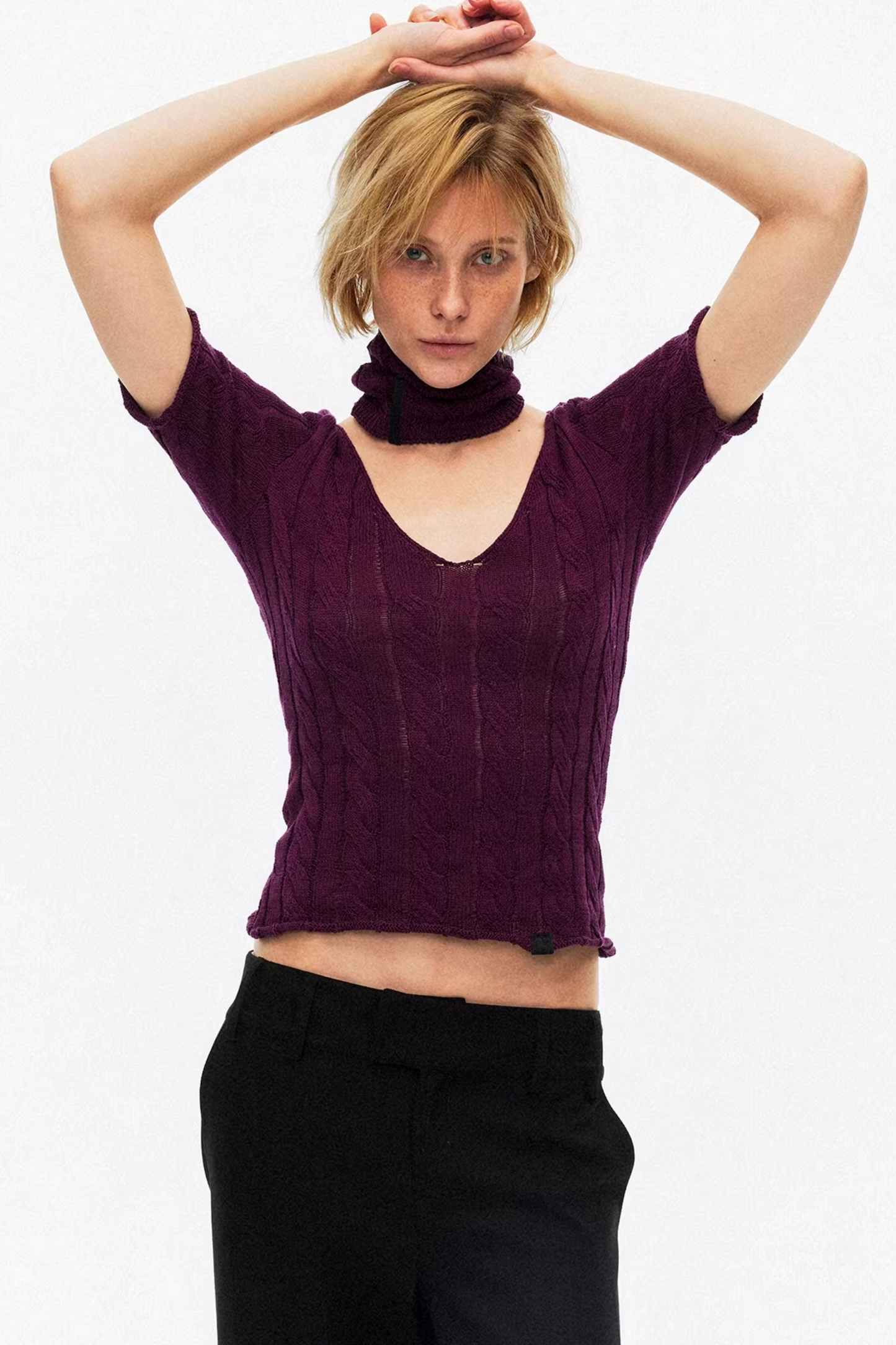 Hollow-Out Knit V-Neck Top