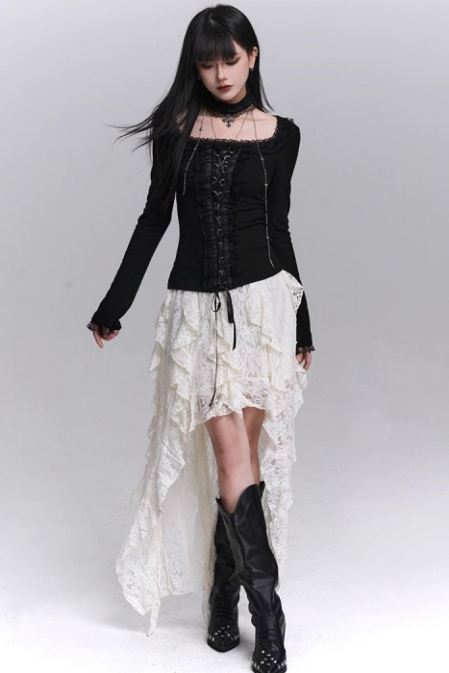 Gothic Black Slim Long Sleeve Top