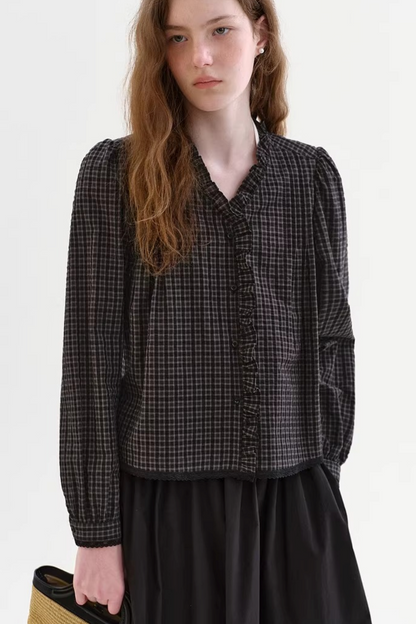 레트로 레이스 체크 블라우스