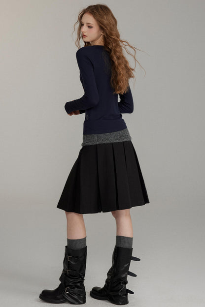 Wool Button Pleated A-Line Skirt