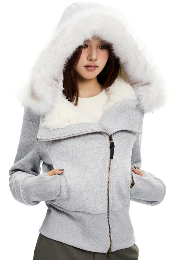 크롭 슬림 핏 털 칼라 면 자켓 