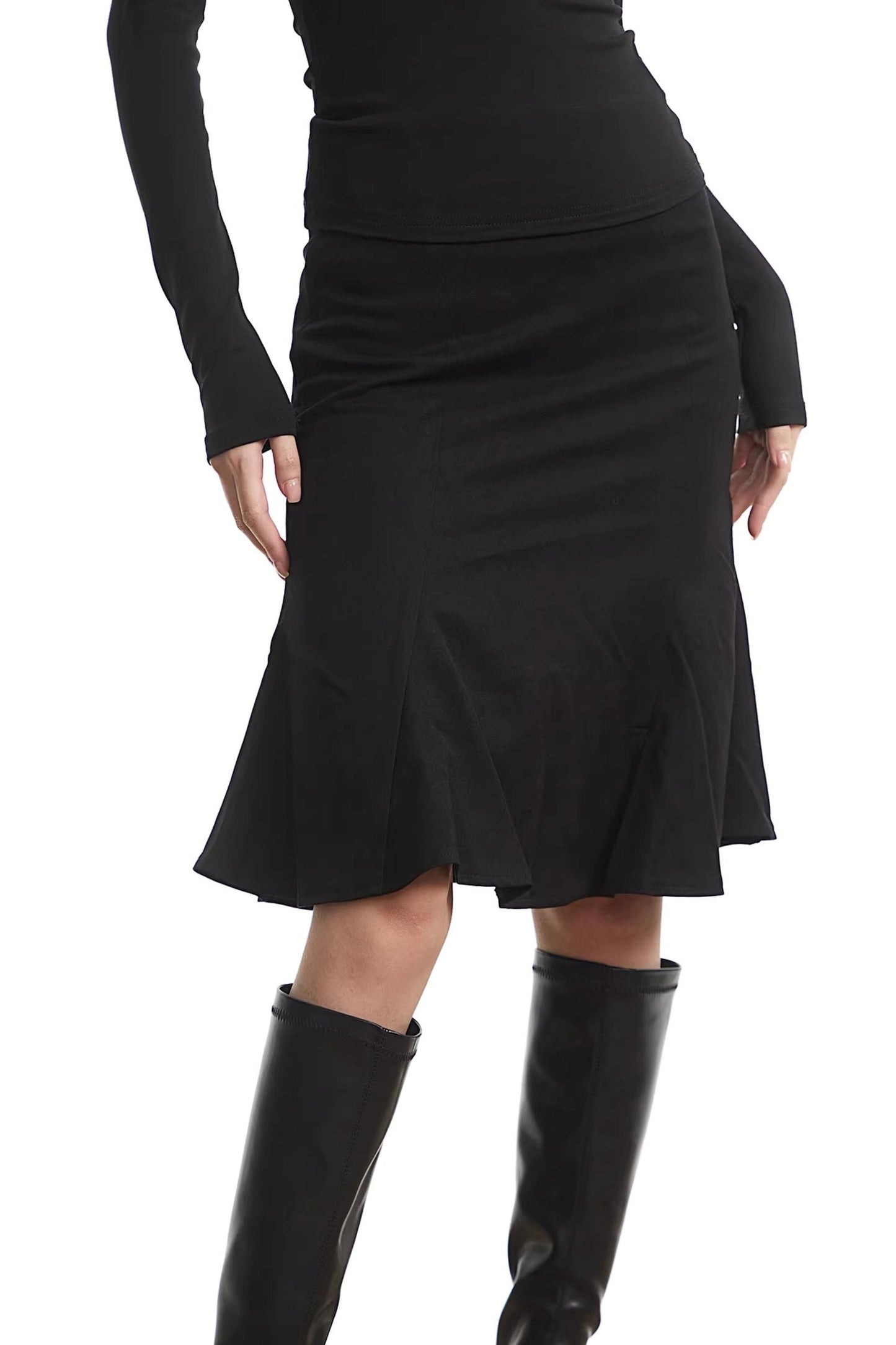 Black Pleated Fishtail Skirt
