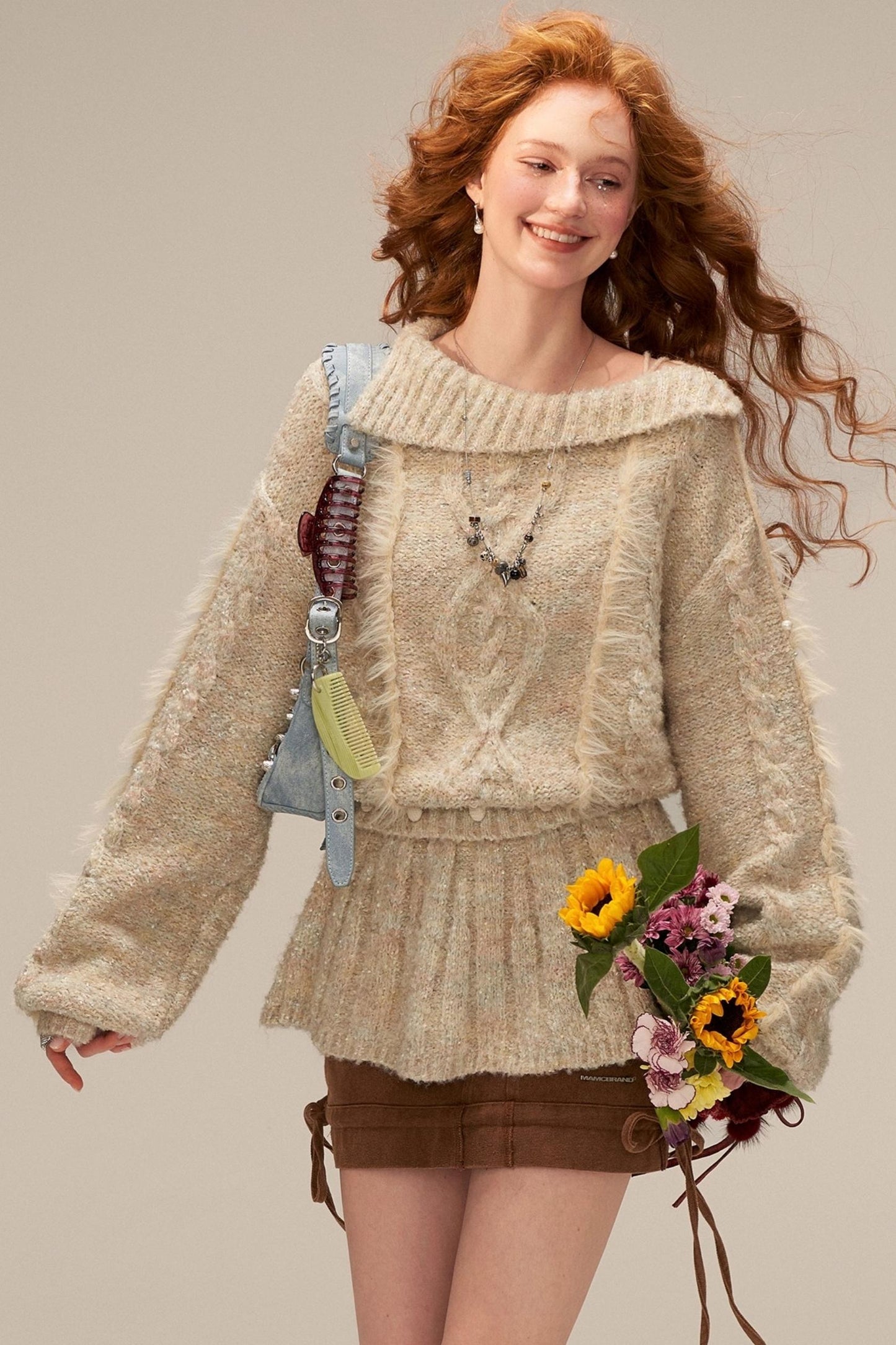 Lapel Tie Waist-Cinching Knit Sweater