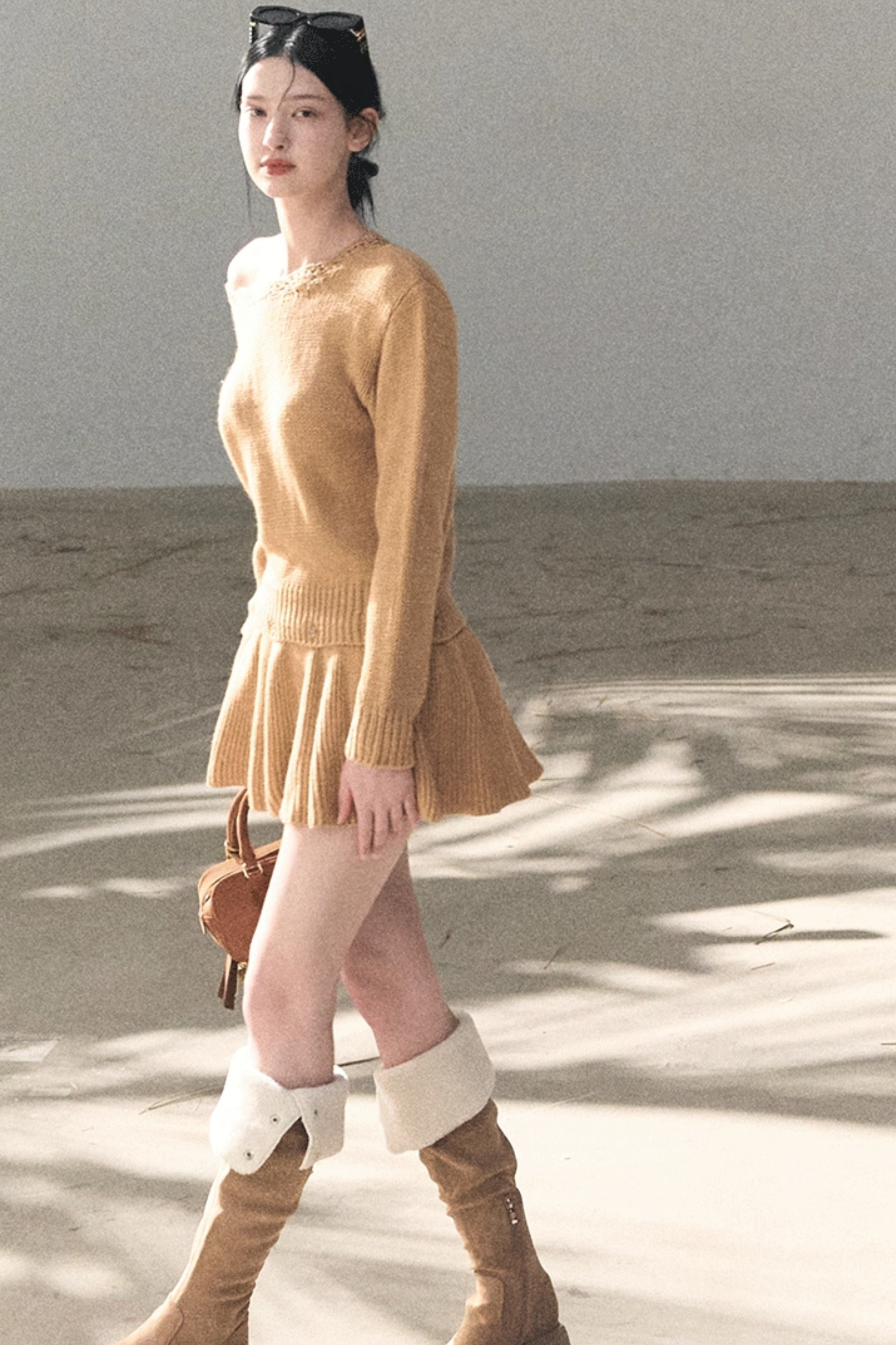 Coastal Notes Wool Off-Shoulder Dress