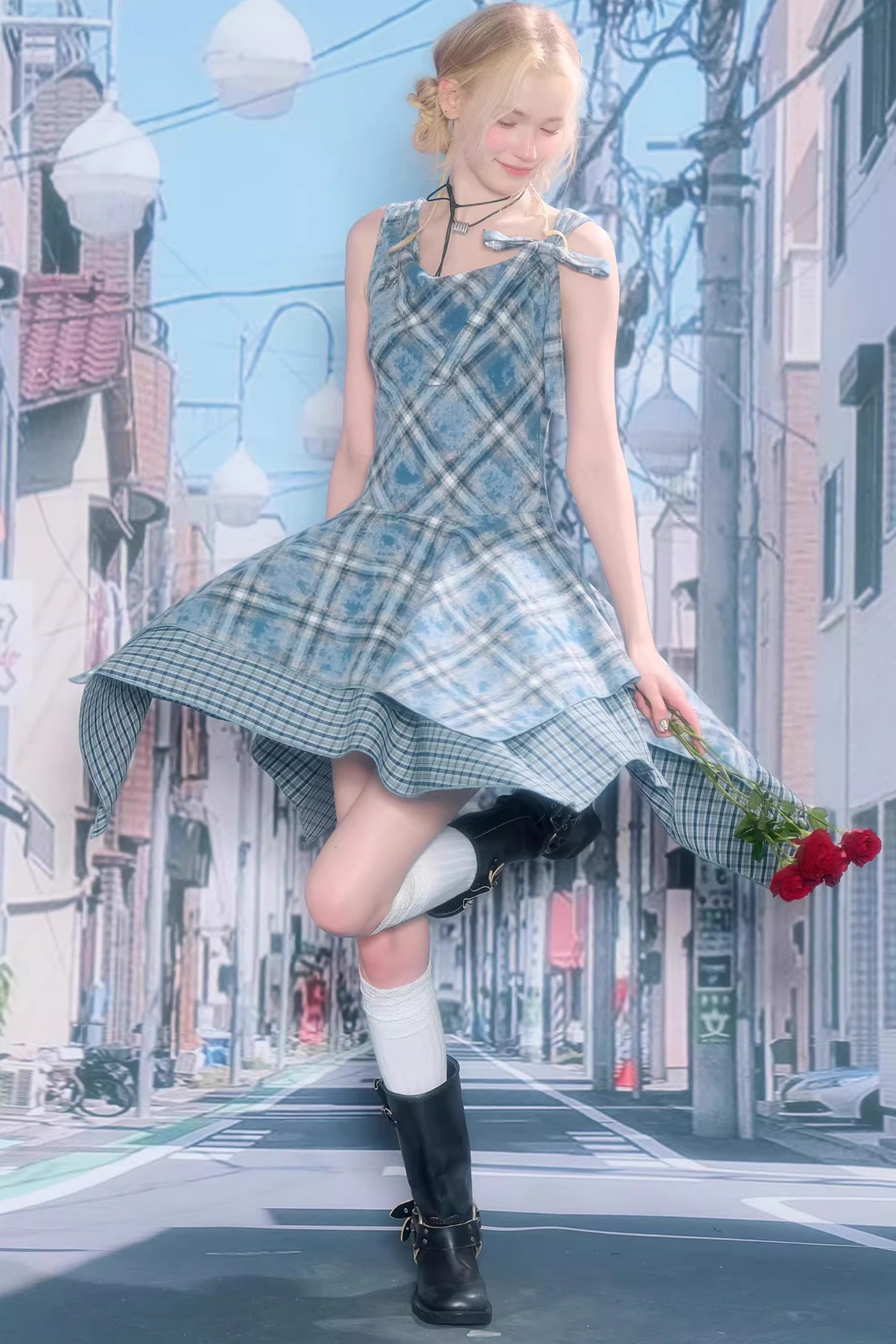 Sea Mist Blue Plaid Dress