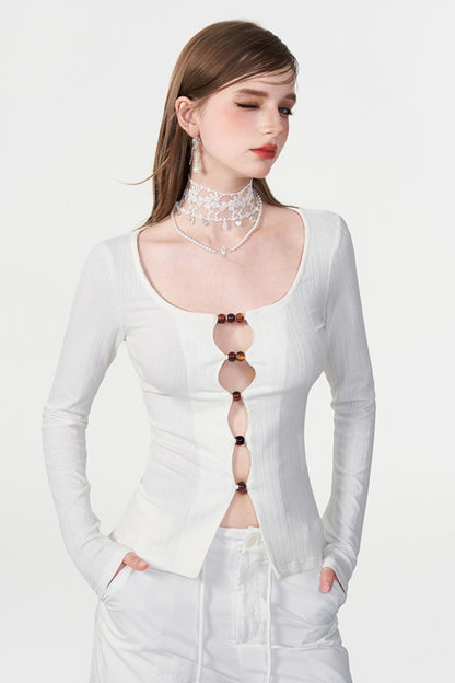 Color Beaded U-Neck Long Sleeve Tee