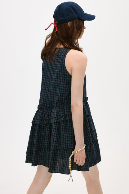 Irregular Plaid Ruffled Vest Dress