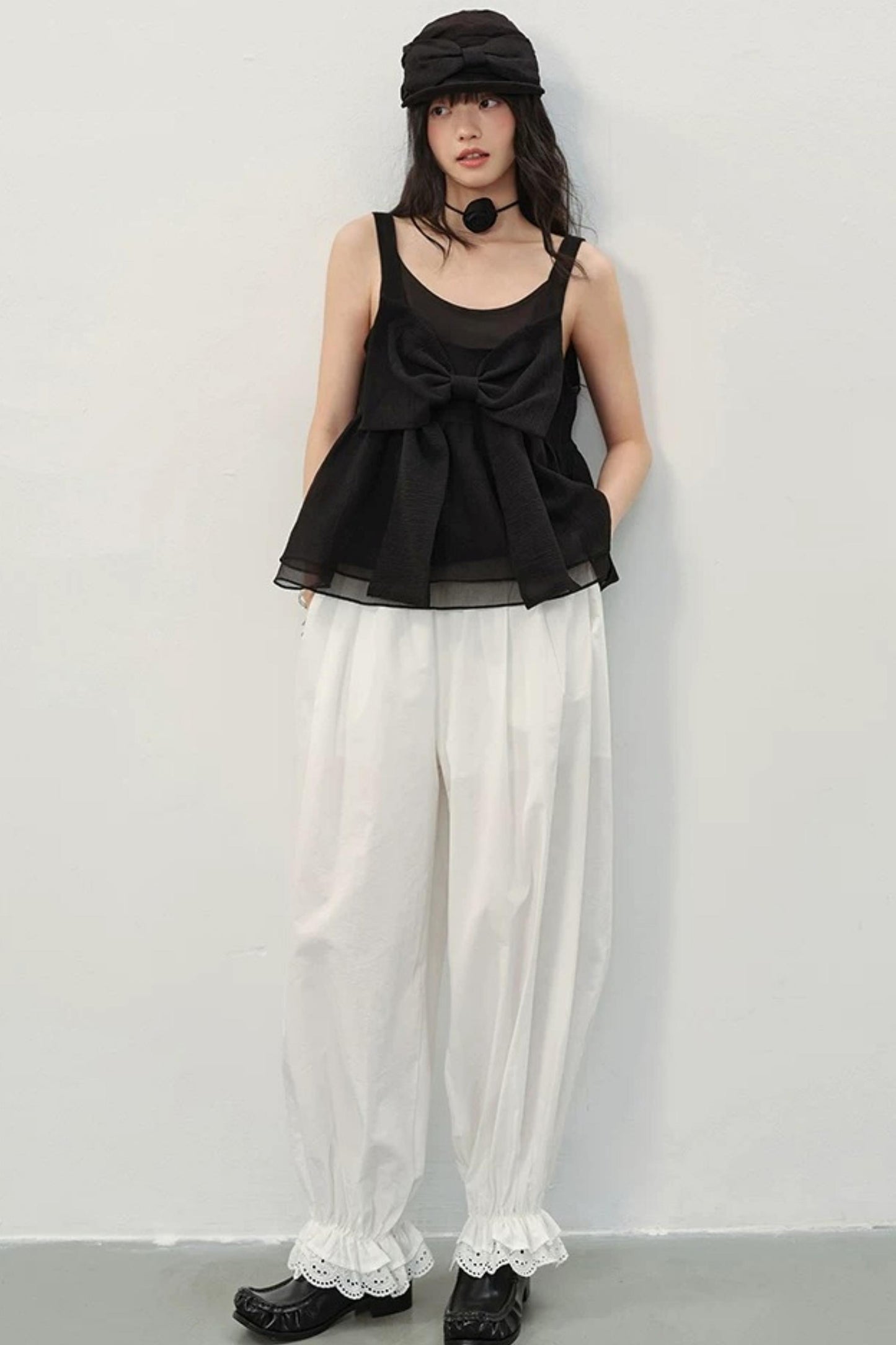 Black Organza Bowknot Blouse Set
