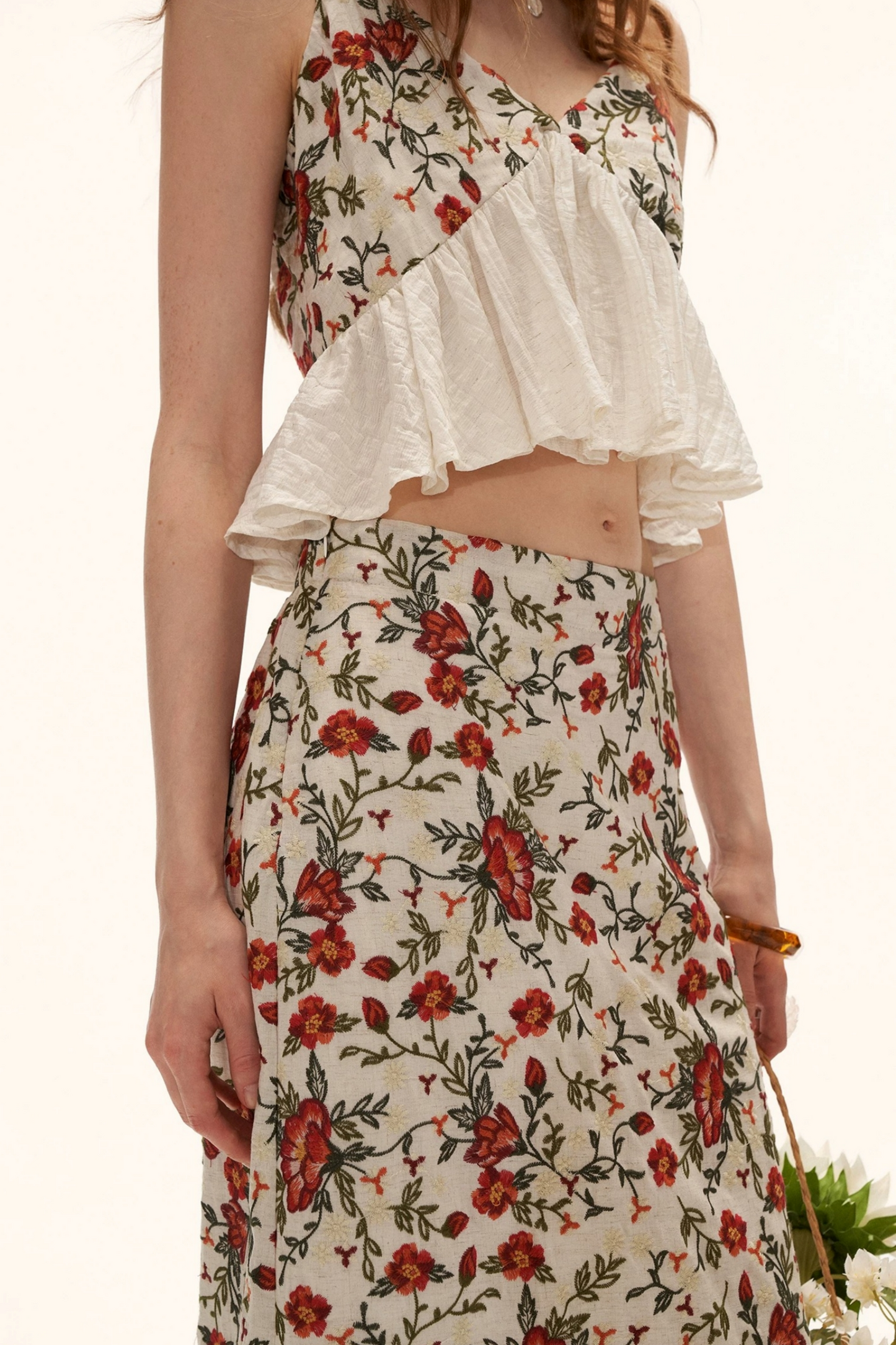 Floral Embroidered Ruffled Camisole Top Set-Up