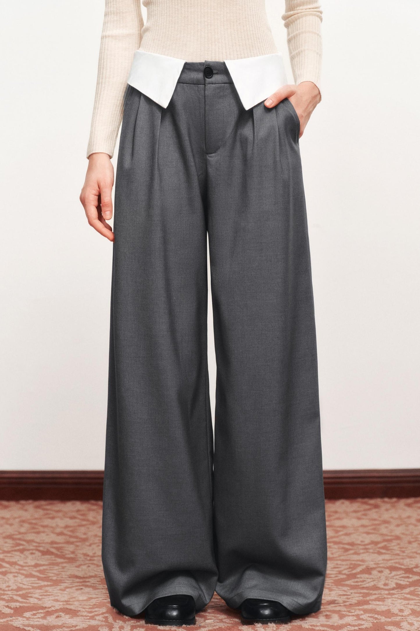 Gray Wide-Leg Suit Pants