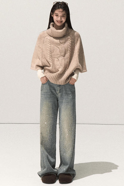 Wool Twist Knit Cape Sweater Top Skirt Set-Up