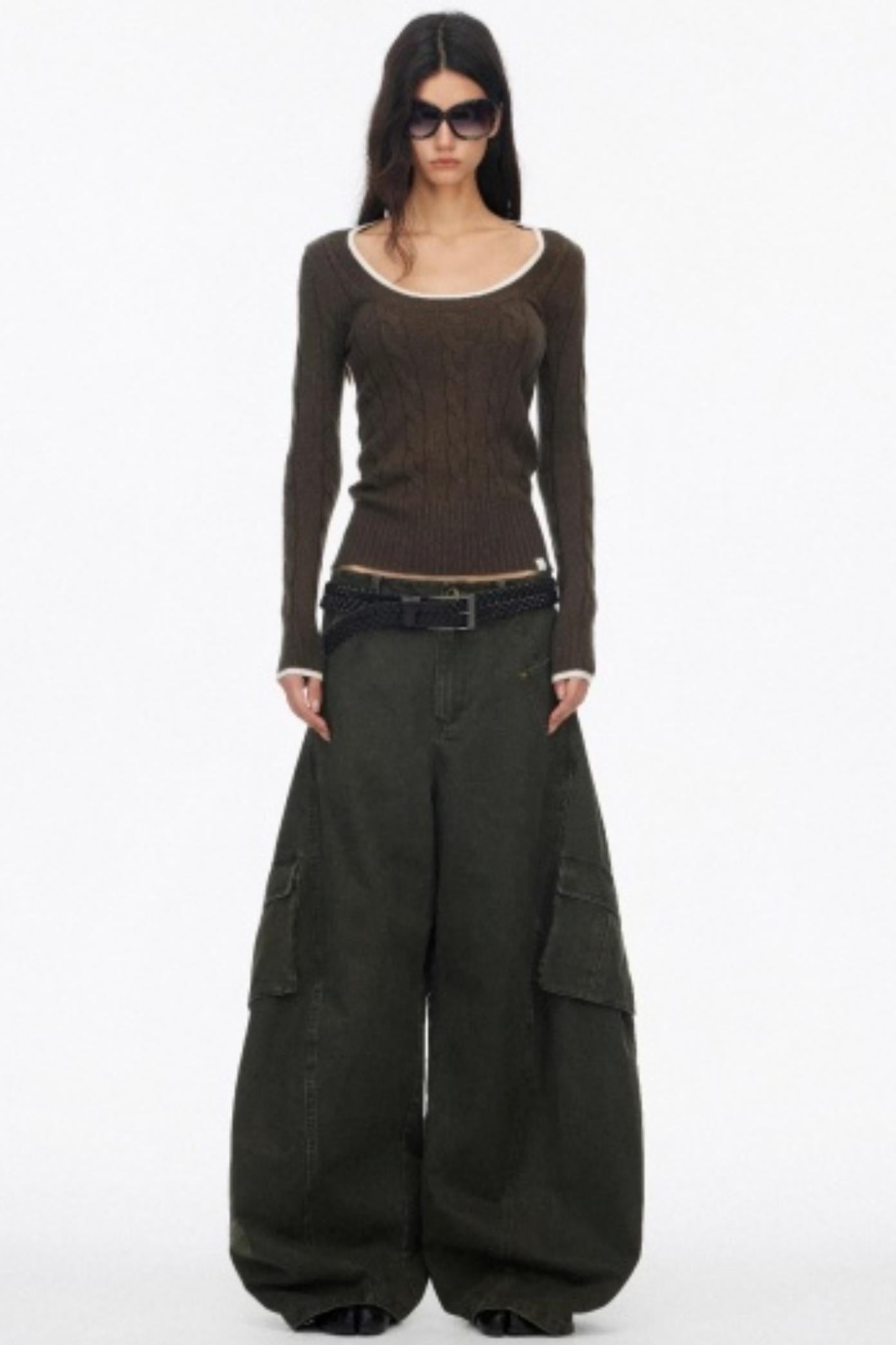 Distressed Washed Wide-Leg Scimitar Pants