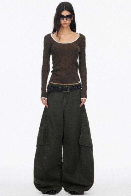 Distressed Washed Wide-Leg Scimitar Pants