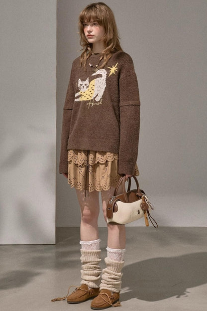 Cute Kitten Crew Neck Knit Sweater