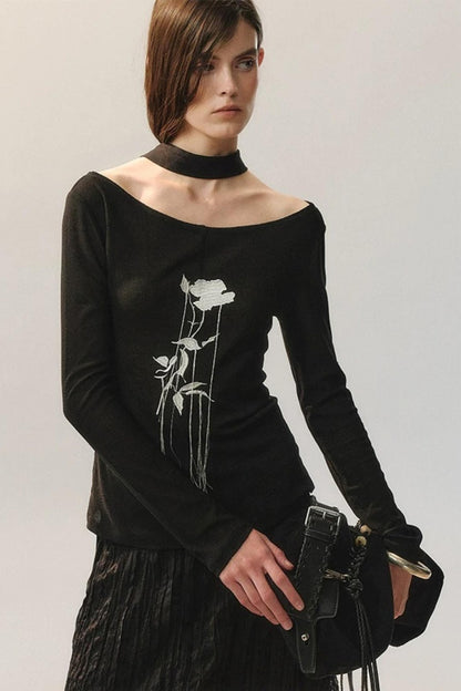 Top in Maglia con Ricamo Rose